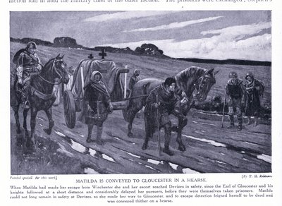 Matilda transporteras till Gloucester i en likvagn (litografi) av Thomas Heath Robinson