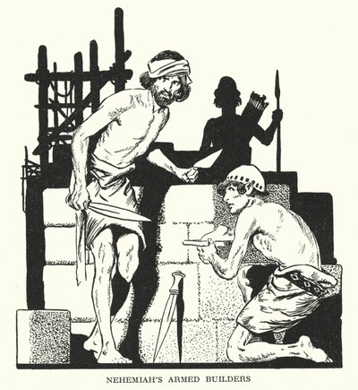 Nehemjas beväpnade byggare (litografi) av Thomas Heath Robinson
