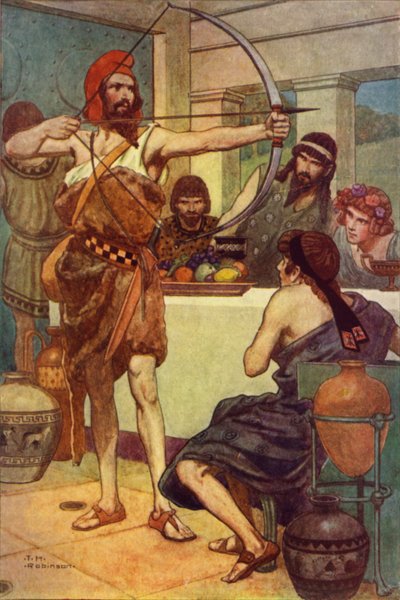 Odysseus straffar friarna (färglitografi) av Thomas Heath Robinson