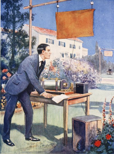 Ett av Marconis tidigaste experiment (färglitografi) av Thomas Heath Robinson