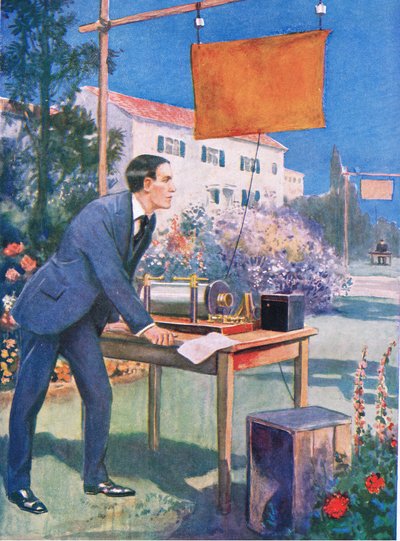 Ett av Marconis tidigaste experiment, illustration från "Cassell