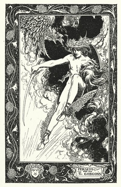 Perseus och Gorgonerna (litografi) av Thomas Heath Robinson
