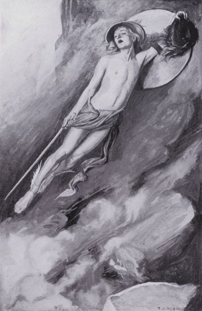 Perseus sprang upp i luften högt upp (litografi) av Thomas Heath Robinson
