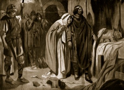 Drottning Ethelburga övertalar Ine av Wessex att avsäga sig kronan, 728, illustration från "Hutchinson