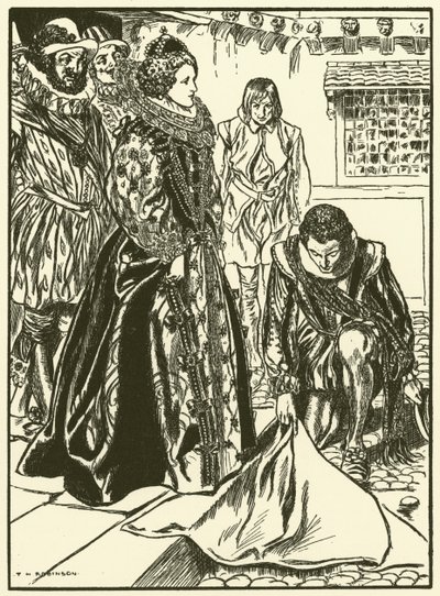 Raleigh breder ut sin kappa inför Elizabeth (gravyr) av Thomas Heath Robinson