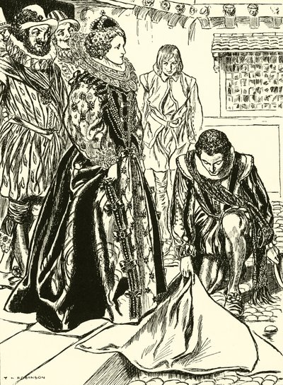 Raleigh breder ut sin kappa inför Elizabeth (gravyr) av Thomas Heath Robinson