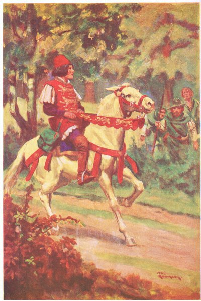 Robin och hans följeslagare såg mäster Patrington rida mot dem (färglitografi) av Thomas Heath Robinson
