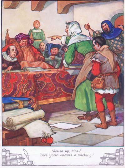 "Upp med hakan, mina herrar! Ge era hjärnor en rejäl omgång". (färglitografi) av Thomas Heath Robinson