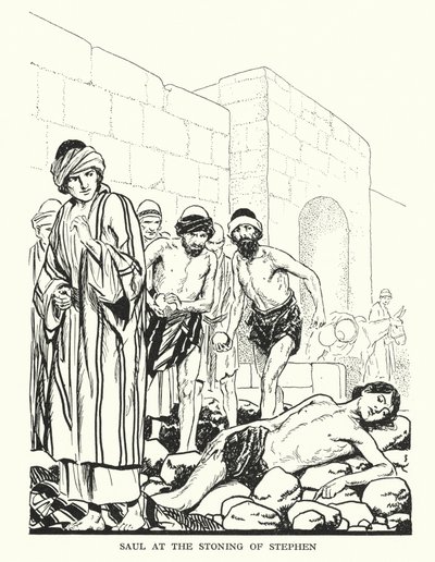 Saul vid steningen av Stefanus (litografi) av Thomas Heath Robinson