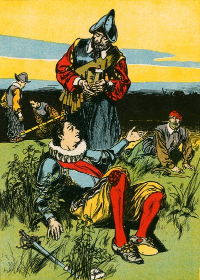 Sir Philip Sidney och den döende soldaten (färglitografi) av Thomas Heath Robinson