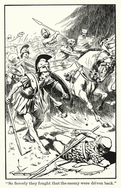 "De stred så häftigt att fienden drevs tillbaka" (litografi) av Thomas Heath Robinson