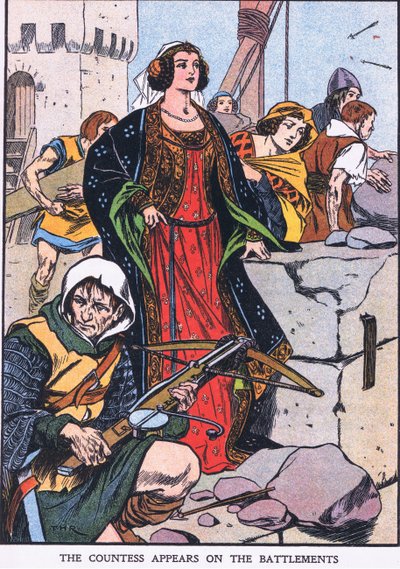 Grevinnan framträder på tinnarna (färglitografi) av Thomas Heath Robinson