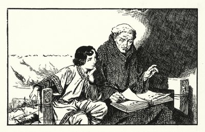 Den blivande kung Alfred under utbildning (litografi) av Thomas Heath Robinson