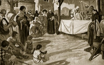 Uppförandet av ett tidigt mysteriespel, illustration från "Hutchinson