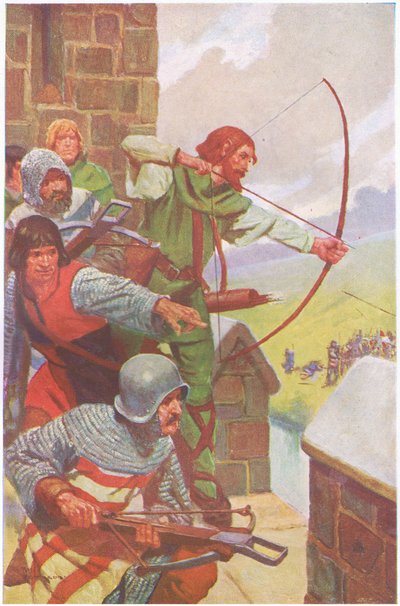 Där började nu belägringen av Uterysdale som varade i flera veckor (färglitografi) av Thomas Heath Robinson