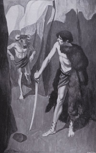 Theseus mötte Minotaurus i en trång avgrund (litografi) av Thomas Heath Robinson