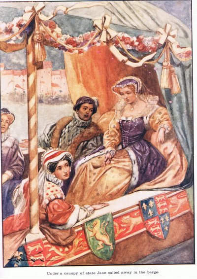 Jane seglade iväg i pråmen under en statlig baldakin (färglitografi) av Thomas Heath Robinson