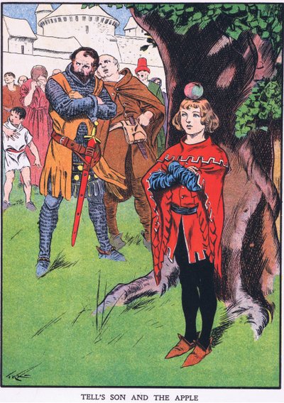 Wilhelm Tells son och äpplet (färglitografi) av Thomas Heath Robinson
