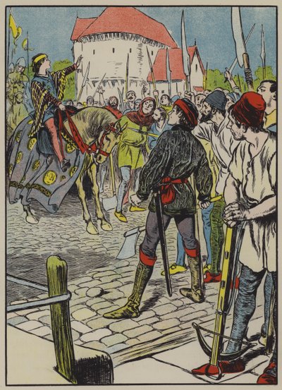 Unge kung Richard kväver upproret (färglitografi) av Thomas Heath Robinson
