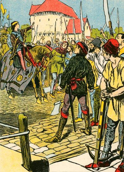 Unge kung Richard slår ner upproret (färglitografi) av Thomas Heath Robinson