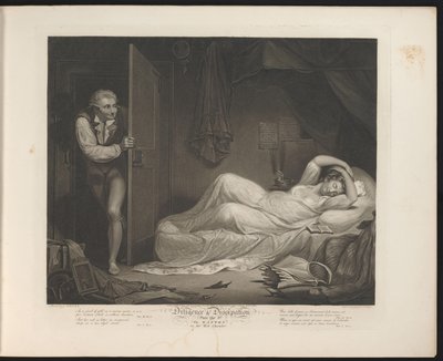 Utsvävande hembiträde sover medan en man smyger sig in Plåt 3. The Wanton in the Bed Chamber (titel på objekt) Virtue and Debauchery (serietitel) Diligence & Dissipation (serietitel på objekt) av Thomas Hellyer
