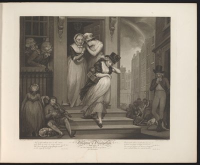Upplösande hembiträde blir utslängd ur huset Tavla 5. The Wanton vände sig utanför dörrarna för tjänstefel (titel på objekt) Virtue and Debauchery (serietitel) Diligence & Dissipation (serietitel på objekt) av Thomas Hellyer