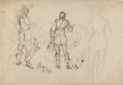 Sida med skisser av kavaljerer, hästhuvud och plymer av Thomas Henry Nicholson