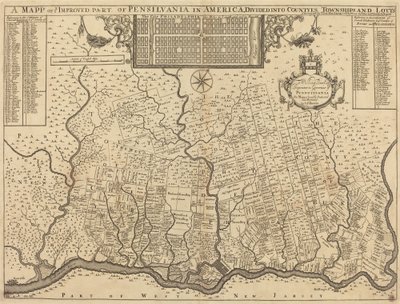 En karta över er förbättrade del av Pennsylvania i Amerika, uppdelad i grevskap, townships och lotts av Thomas Holme