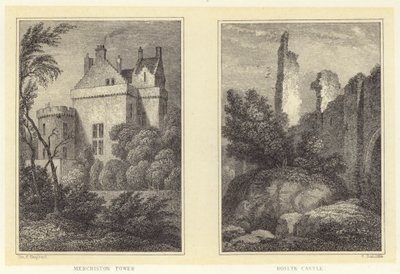 Merchiston Tower; Roslyn Castle (gravyr) av Thomas Hosmer (after) Shepherd