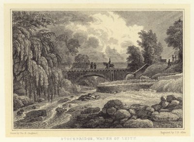 Stockbridge, Water of Leith (gravyr) av Thomas Hosmer (after) Shepherd