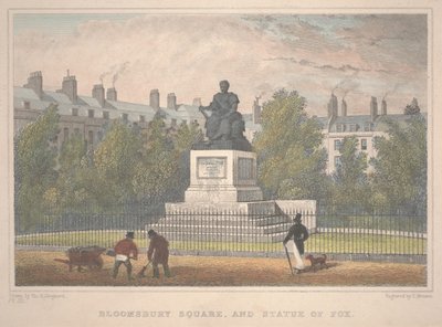 Bloomsbury Square med rävstatyn, graverad av Charles Mottram (1806-76) av Thomas Hosmer Shepherd