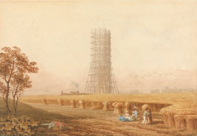 Bonapartes pelare i byggnadsställningar i Boulogne, Frankrike, med skördare på ett fält av Thomas Hosmer Shepherd
