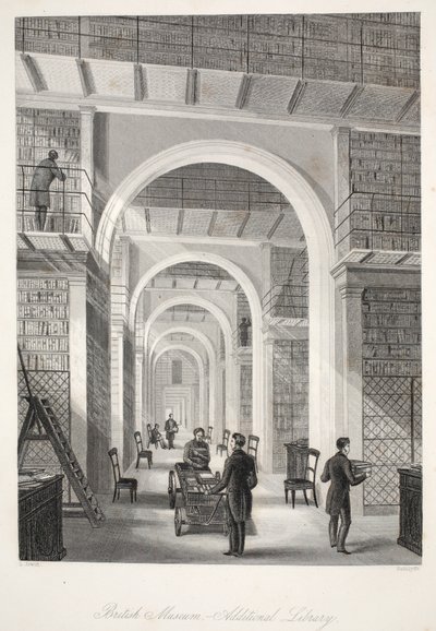 British Museum, Additional Library, från "London Interiors with their Costumes and Ceremonies" pub. Joseph Mead, London, ca 1843 (stålgravyr). av Thomas Hosmer Shepherd