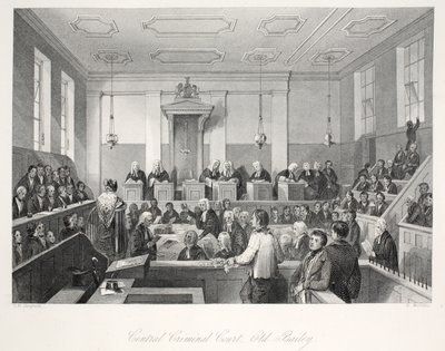 Central Criminal Court på Old Bailey, från puben "London Interiors with their Costumes and Ceremonies". Joseph Mead, London, ca 1843 (stålgravyr) av Thomas Hosmer Shepherd