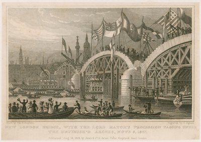Byggandet av New London Bridge, 9 november 1827 av Thomas Hosmer Shepherd