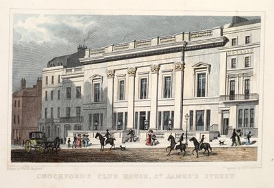 Crockfords Club House, St. James Street. Pub. 1828 (handfärgad gravyr) av Thomas Hosmer Shepherd
