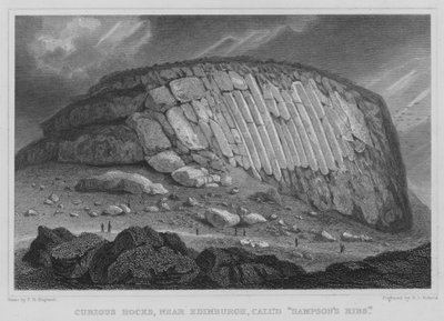 Curious Rocks, nära Edinburgh, kallad Sampsons revben (gravyr) av Thomas Hosmer Shepherd