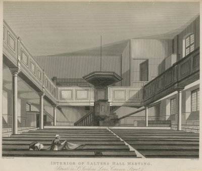 Interiör av Salters Hall Meeting, beläget i St Swithins Lane, Cannon Street, London av Thomas Hosmer Shepherd