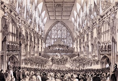 Interiör i Guildhall - Borgmästaren och borgmästaren och Corporation presenterar sitt tal till Frankrikes kejsare och kejsarinna, 19 april 1855 av Thomas Hosmer Shepherd