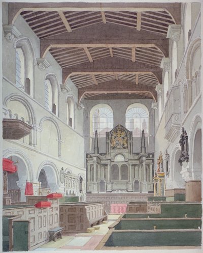 Interiörvy av Church of St Bartholomew-the-Great, Smithfield, City of London, 1821. av Thomas Hosmer Shepherd