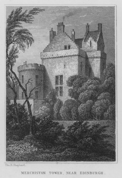 Merchiston Tower, nära Edinburgh (gravyr) av Thomas Hosmer Shepherd