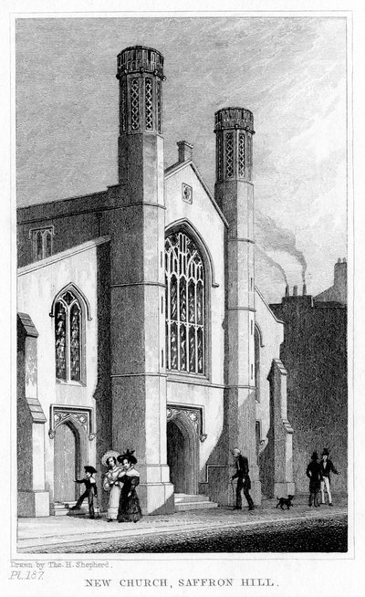 New Church, Saffron Hill, Camden, London, 1800-talet. av Thomas Hosmer Shepherd