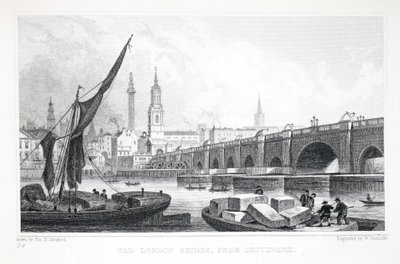 Old London Bridge, från Southwark, från puben "London and it
