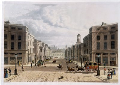 Regent Street, från Piccadilly, graverad av J. Bluck (fl.1791-1831), pub. 1822 av Ackermanns 