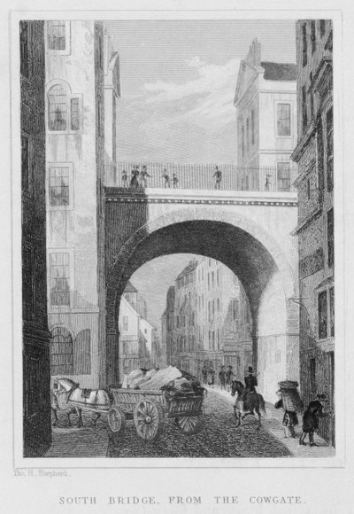 South Bridge från Cowgate, Edinburgh, graverad av William Watkins, 1831 av Thomas Hosmer Shepherd