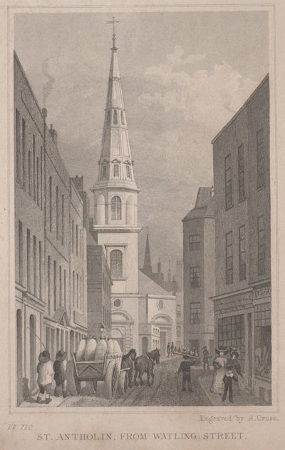 St. Antholin, från Watling Street, graverad av A. Cruse, ca 1830 (gravyr) av Thomas Hosmer Shepherd