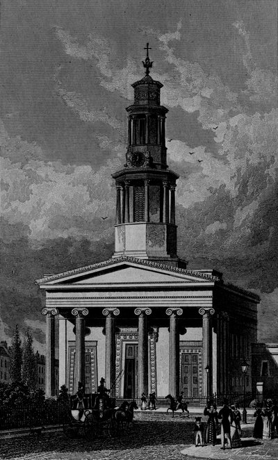 St Pancrass Church, västra framsidan, graverad av James Tingle 1827 av Thomas Hosmer Shepherd