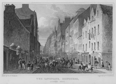 The Canongate, Edinburgh, ser västerut (gravyr) av Thomas Hosmer Shepherd