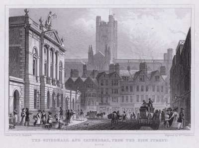 The Guildhall and Cathedral, från High Street, Bath (gravyr) av Thomas Hosmer Shepherd