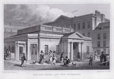 The Hot Baths och New Infirmary, Bath (gravyr) av Thomas Hosmer Shepherd